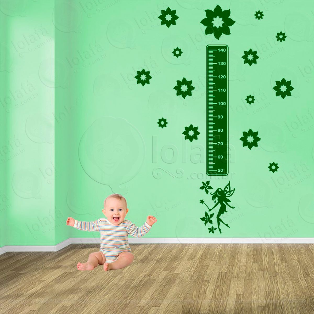 fada e flores adesivo régua de crescimento infantil, medidor de altura para quarto, porta e parede - mod:617