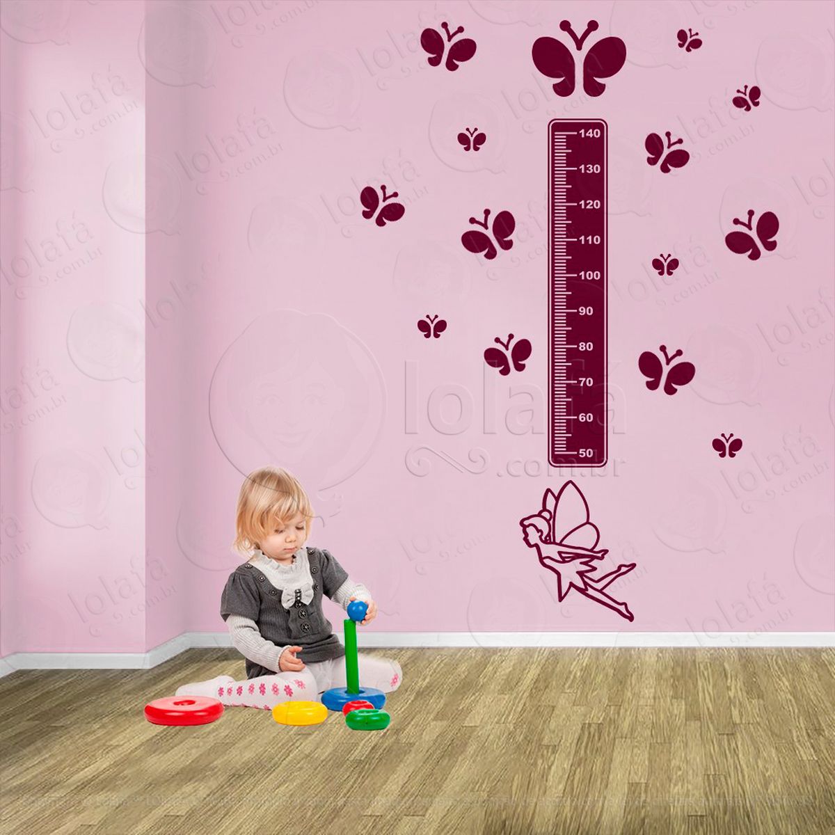 fada e borboletas adesivo régua de crescimento infantil, medidor de altura para quarto, porta e parede - mod:626