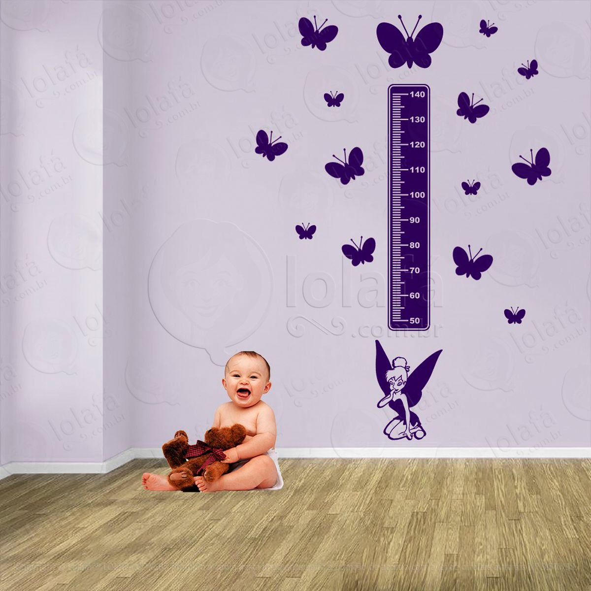 fada e borboletas adesivo régua de crescimento infantil, medidor de altura para quarto, porta e parede - mod:633