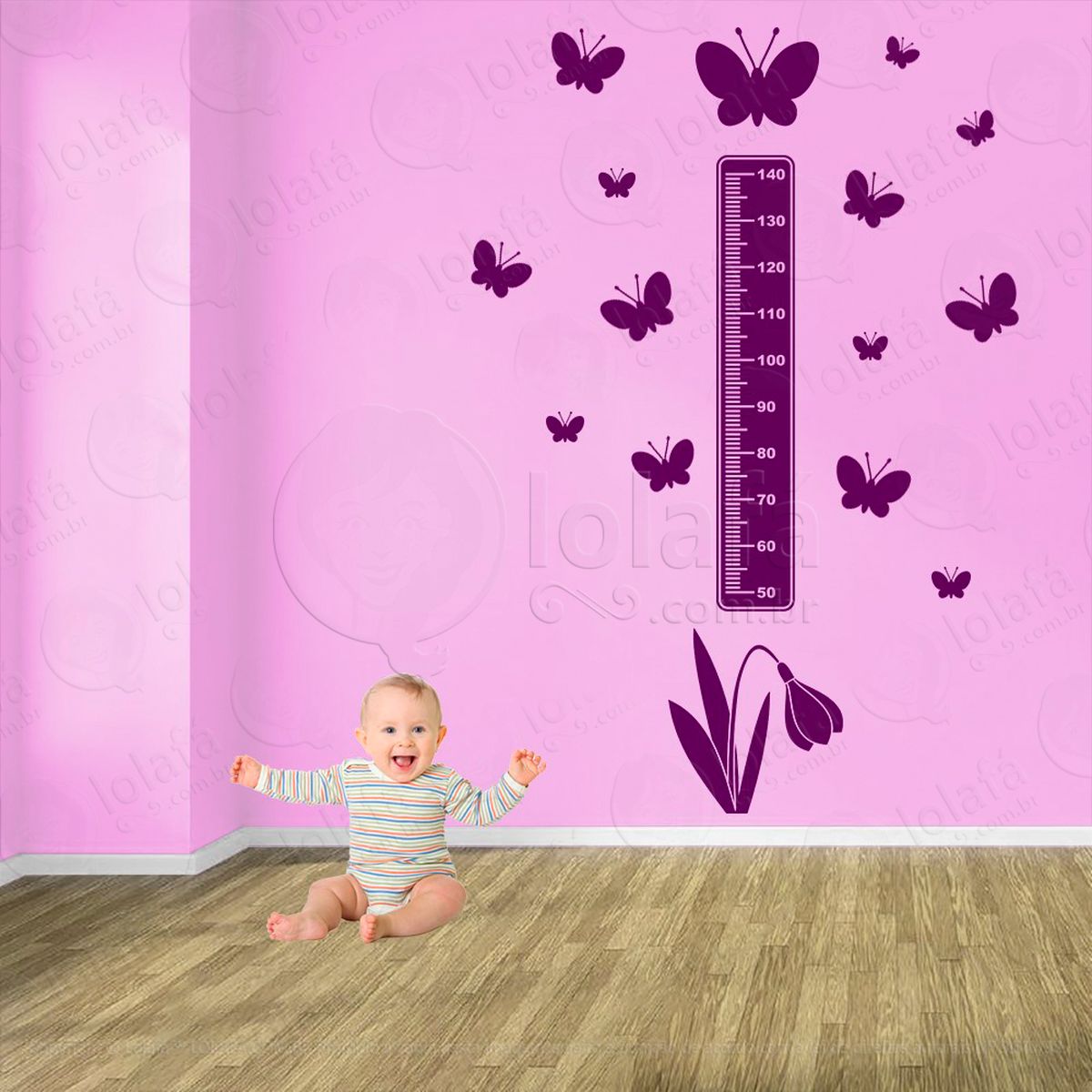 flor e borboletas adesivo régua de crescimento infantil, medidor de altura para quarto, porta e parede - mod:643