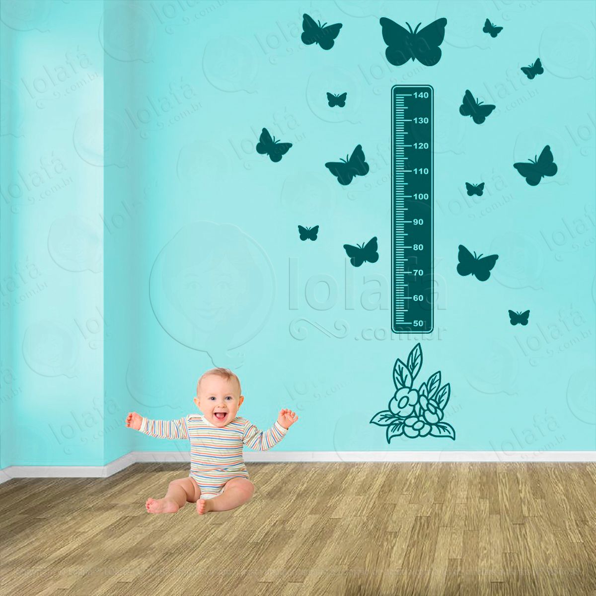 flor e borboletas adesivo régua de crescimento infantil, medidor de altura para quarto, porta e parede - mod:645