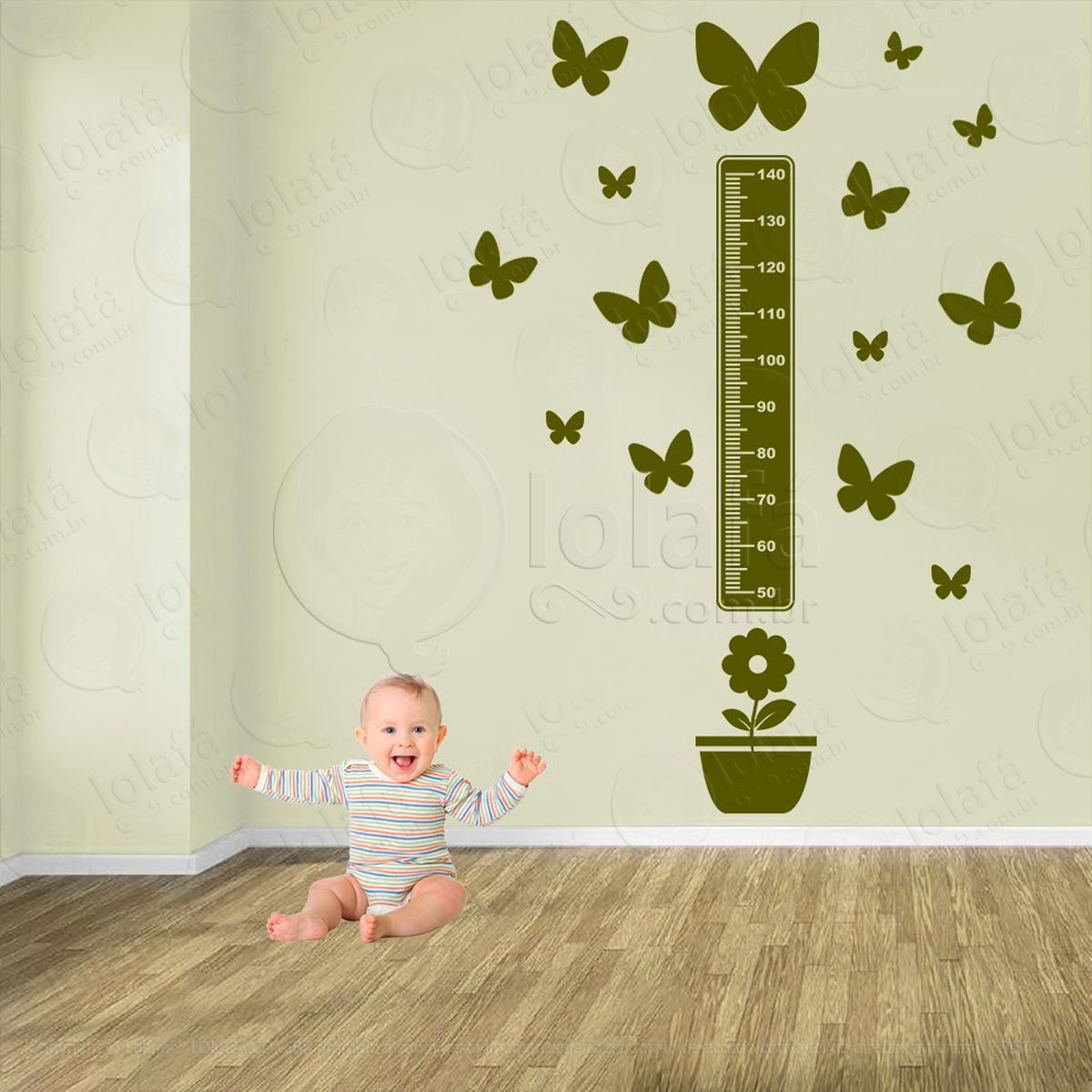 flor e borboletas adesivo régua de crescimento infantil, medidor de altura para quarto, porta e parede - mod:649