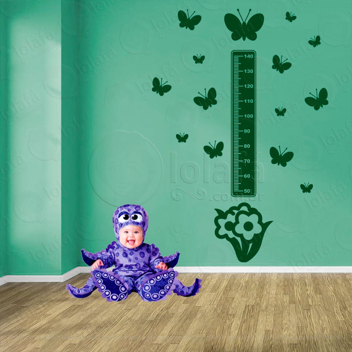 flor e borboletas adesivo régua de crescimento infantil, medidor de altura para quarto, porta e parede - mod:653