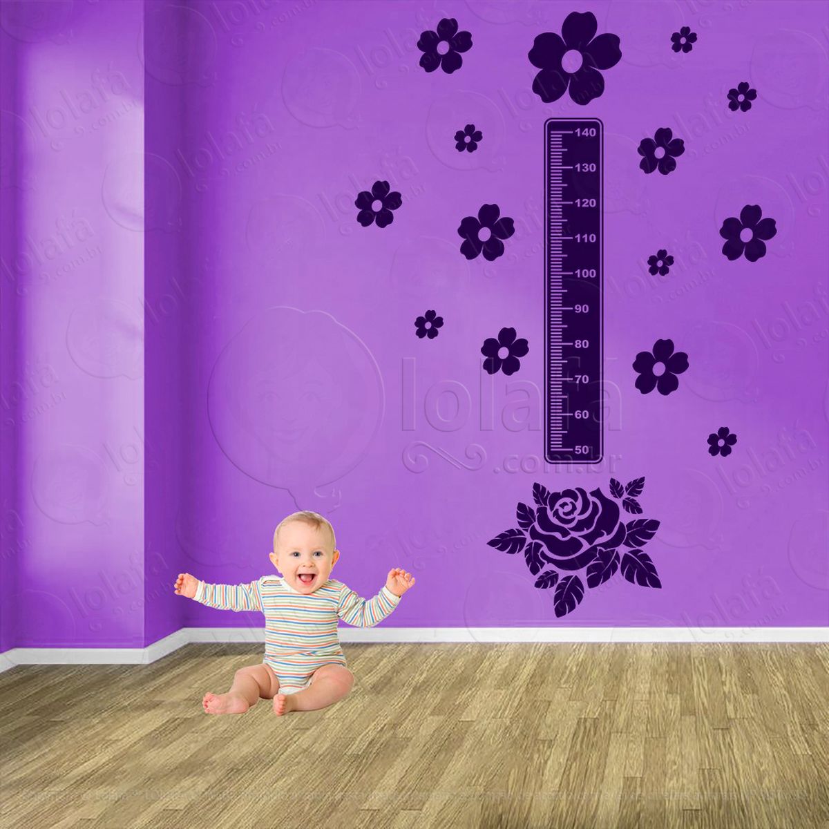 flor e flores adesivo régua de crescimento infantil, medidor de altura para quarto, porta e parede - mod:656