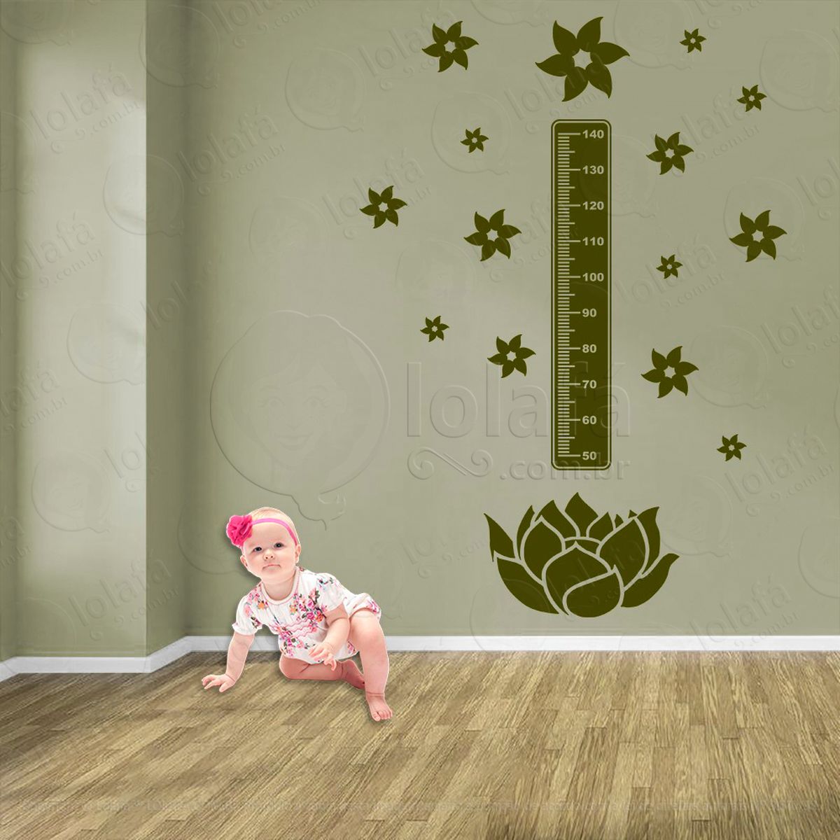 flor e flores adesivo régua de crescimento infantil, medidor de altura para quarto, porta e parede - mod:660