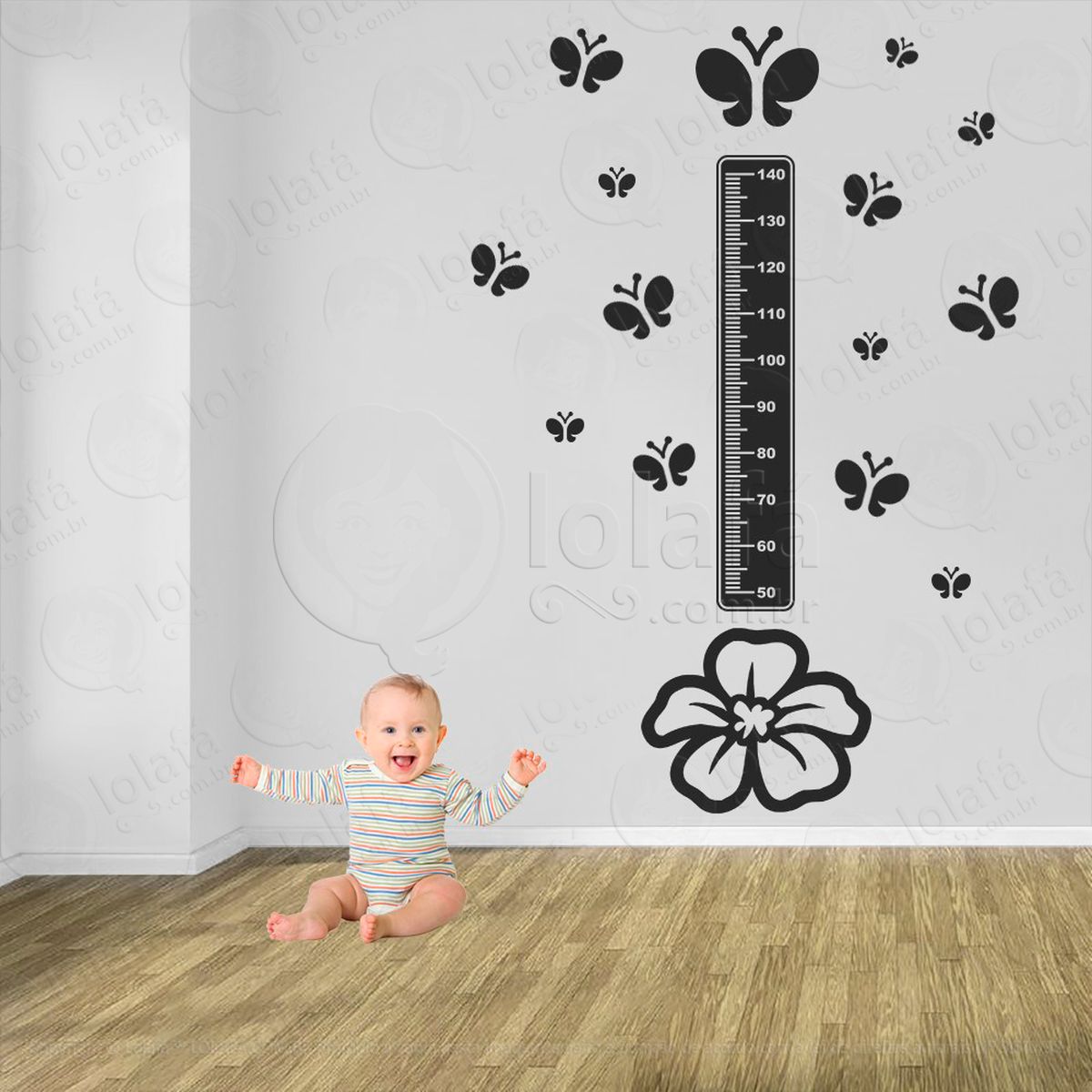 flor e borboletas adesivo régua de crescimento infantil, medidor de altura para quarto, porta e parede - mod:663
