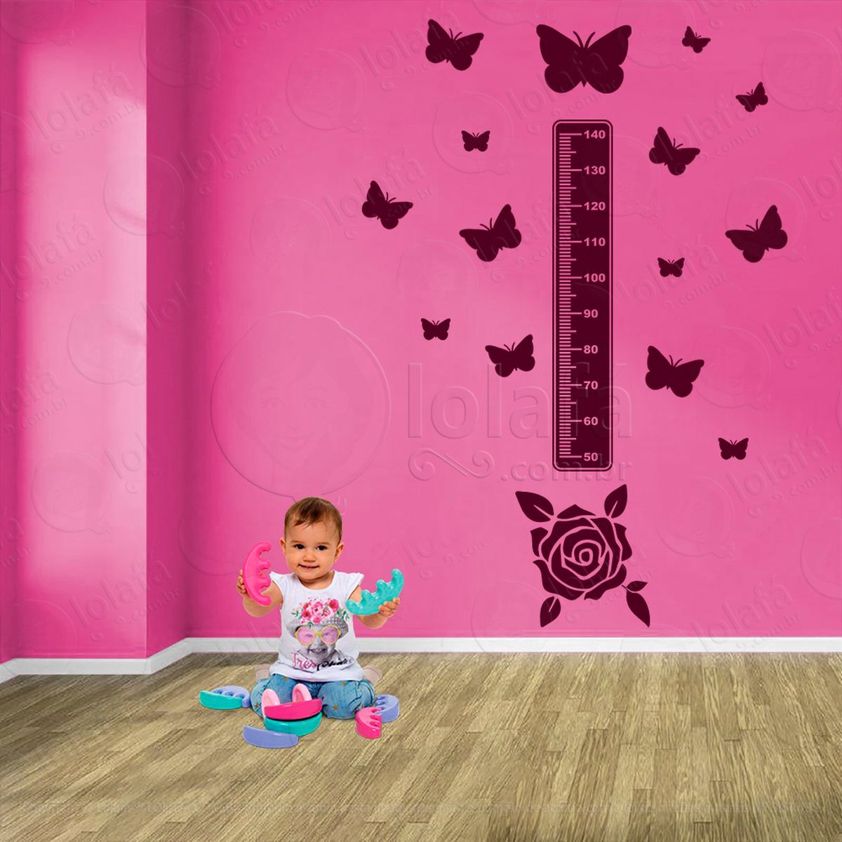 flor e borboletas adesivo régua de crescimento infantil, medidor de altura para quarto, porta e parede - mod:667
