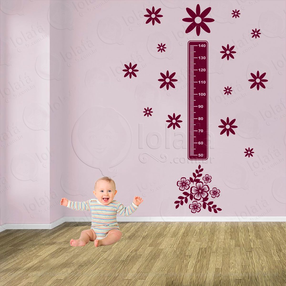 flor e flores adesivo régua de crescimento infantil, medidor de altura para quarto, porta e parede - mod:670