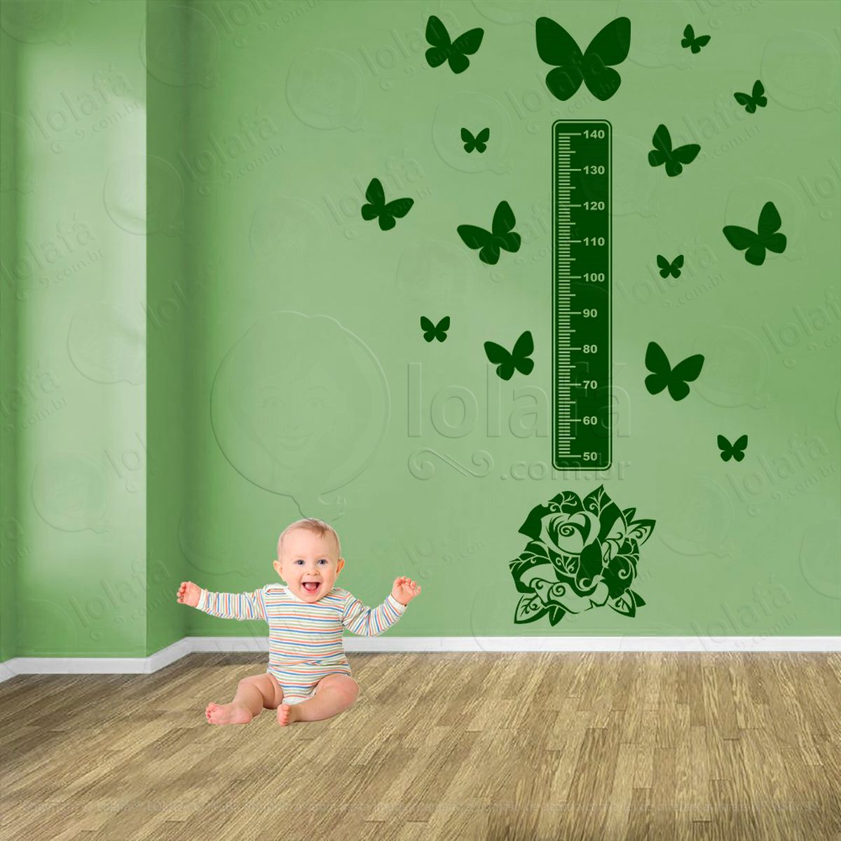 flor e borboletas adesivo régua de crescimento infantil, medidor de altura para quarto, porta e parede - mod:673