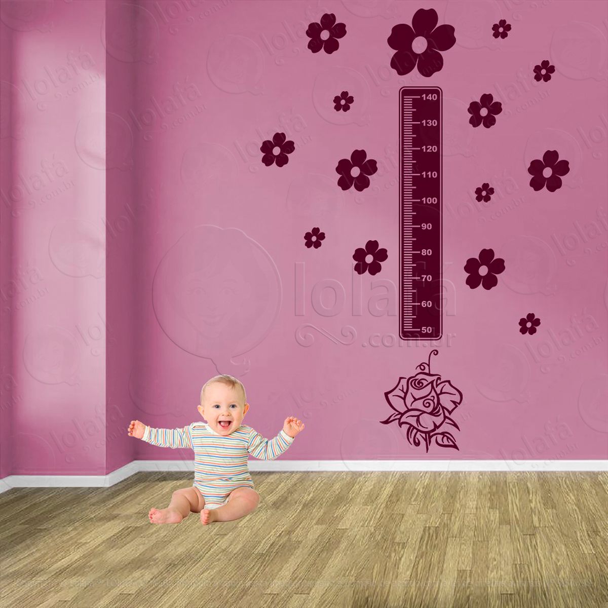 flor e flores adesivo régua de crescimento infantil, medidor de altura para quarto, porta e parede - mod:674