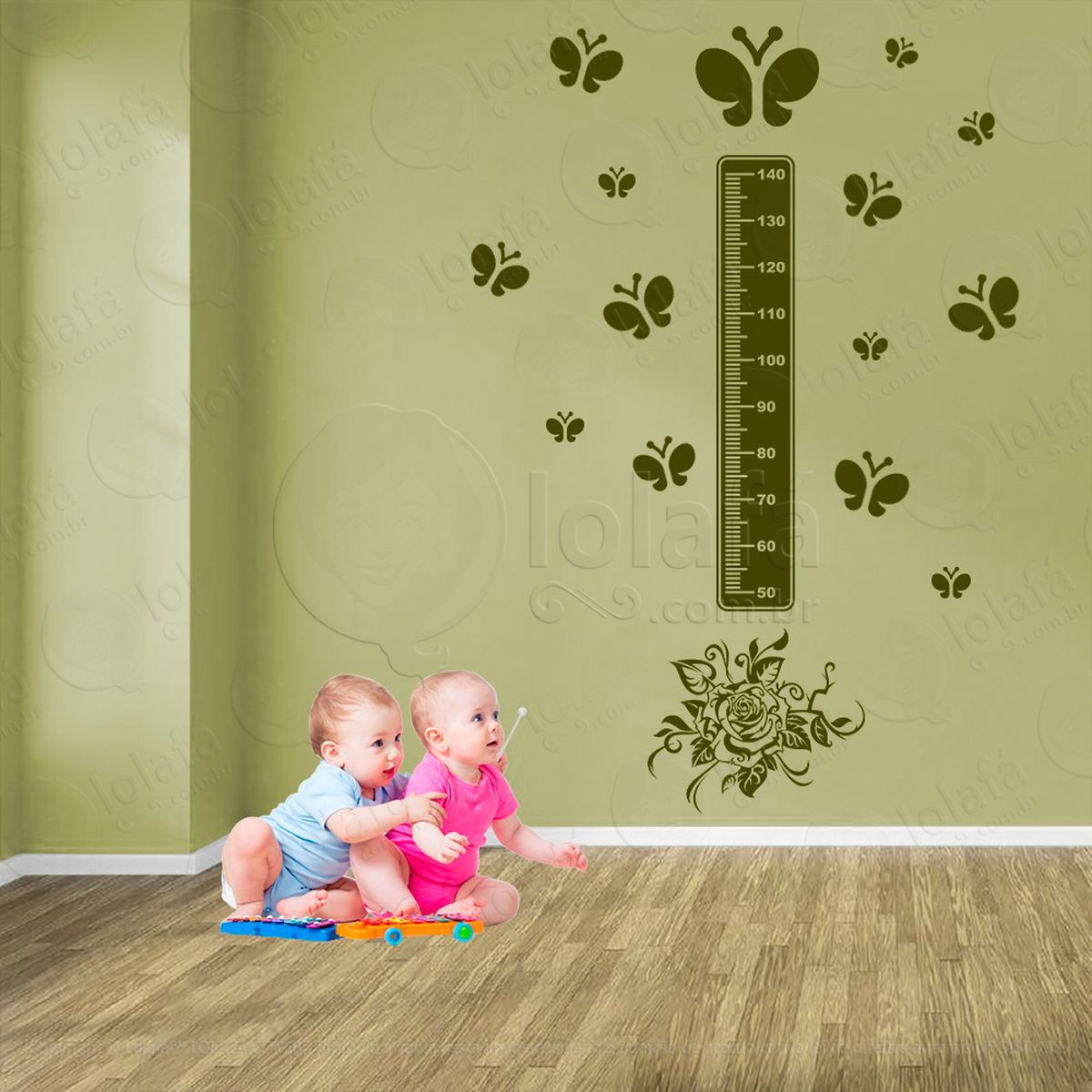 flor e borboletas adesivo régua de crescimento infantil, medidor de altura para quarto, porta e parede - mod:675