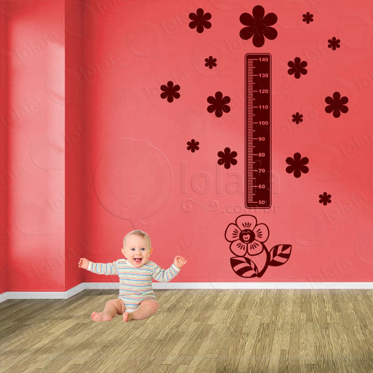 flor e flores adesivo régua de crescimento infantil, medidor de altura para quarto, porta e parede - mod:676
