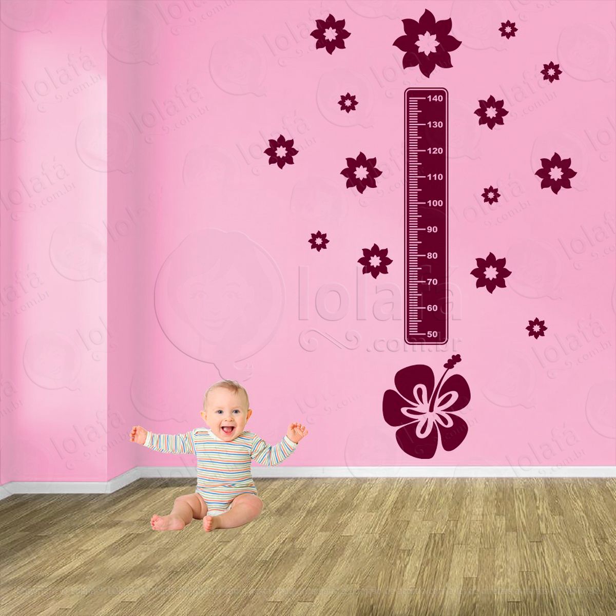 flor e flores adesivo régua de crescimento infantil, medidor de altura para quarto, porta e parede - mod:678
