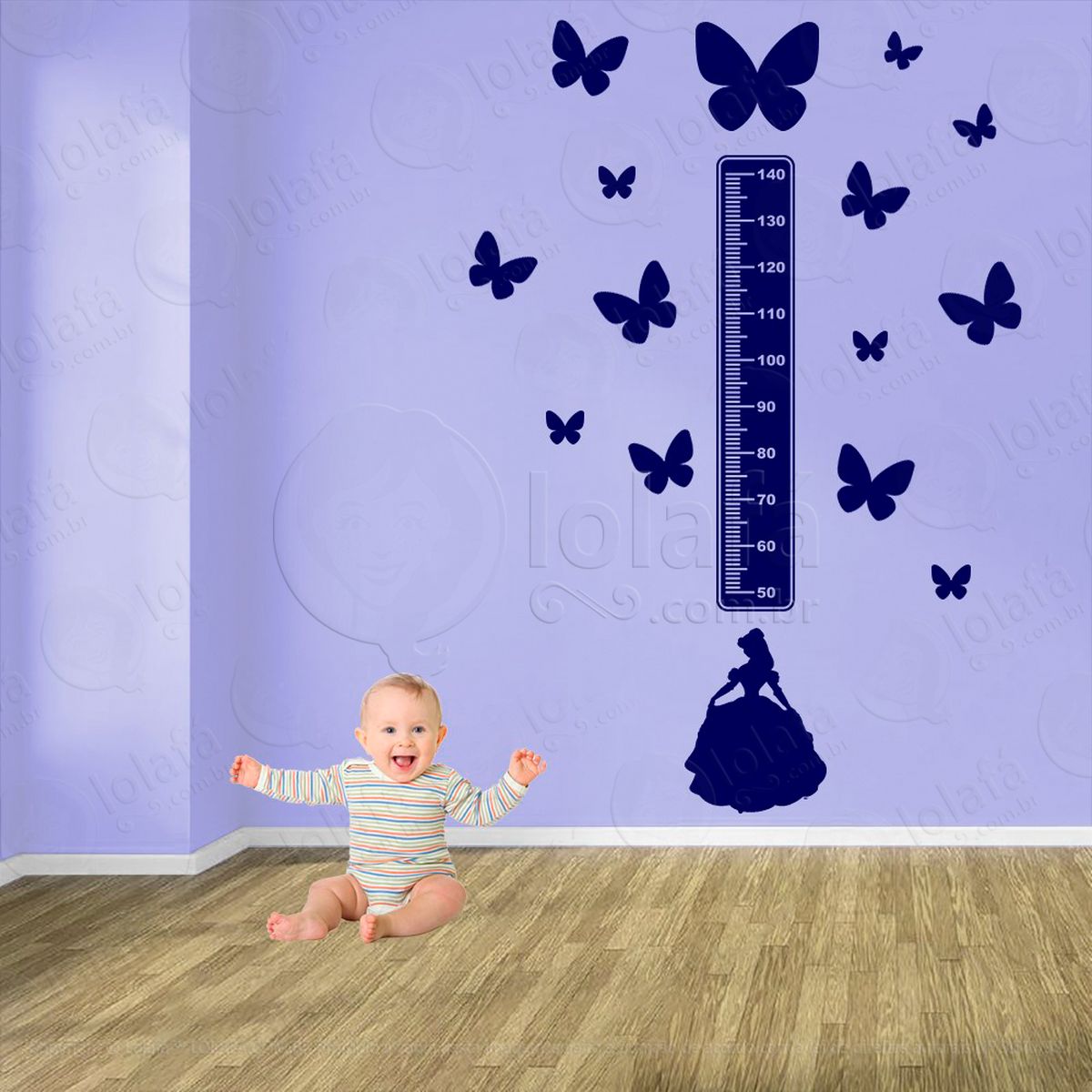 princesa e borboletas adesivo régua de crescimento infantil, medidor de altura para quarto, porta e parede - mod:685