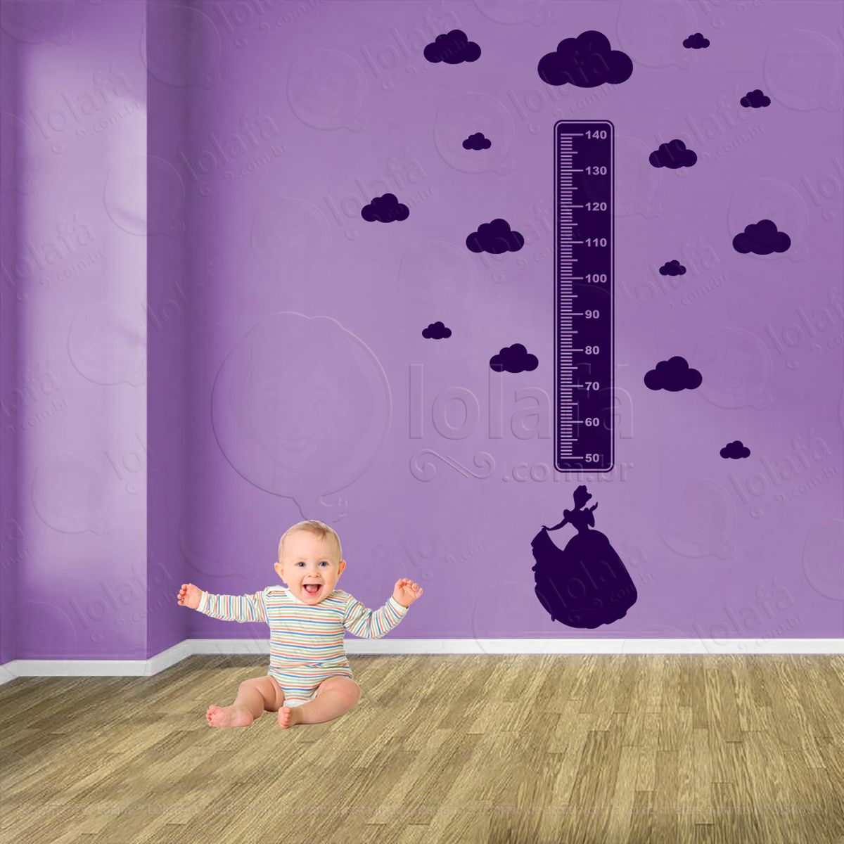 princesa e nuvens adesivo régua de crescimento infantil, medidor de altura para quarto, porta e parede - mod:687