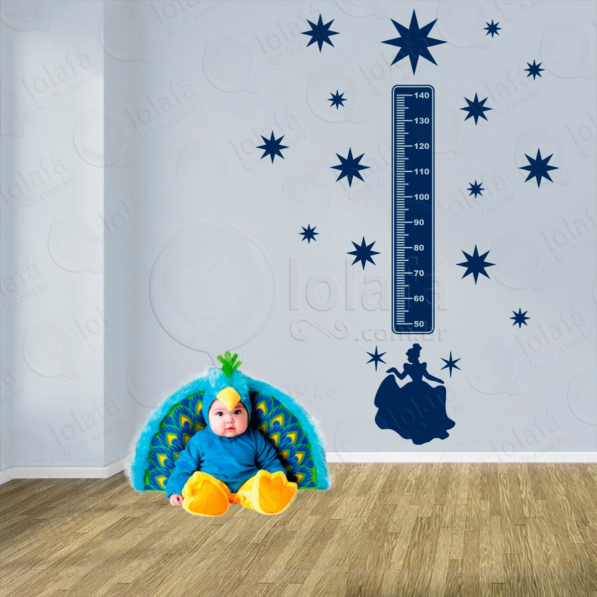 princesa e estrelas adesivo régua de crescimento infantil, medidor de altura para quarto, porta e parede - mod:688