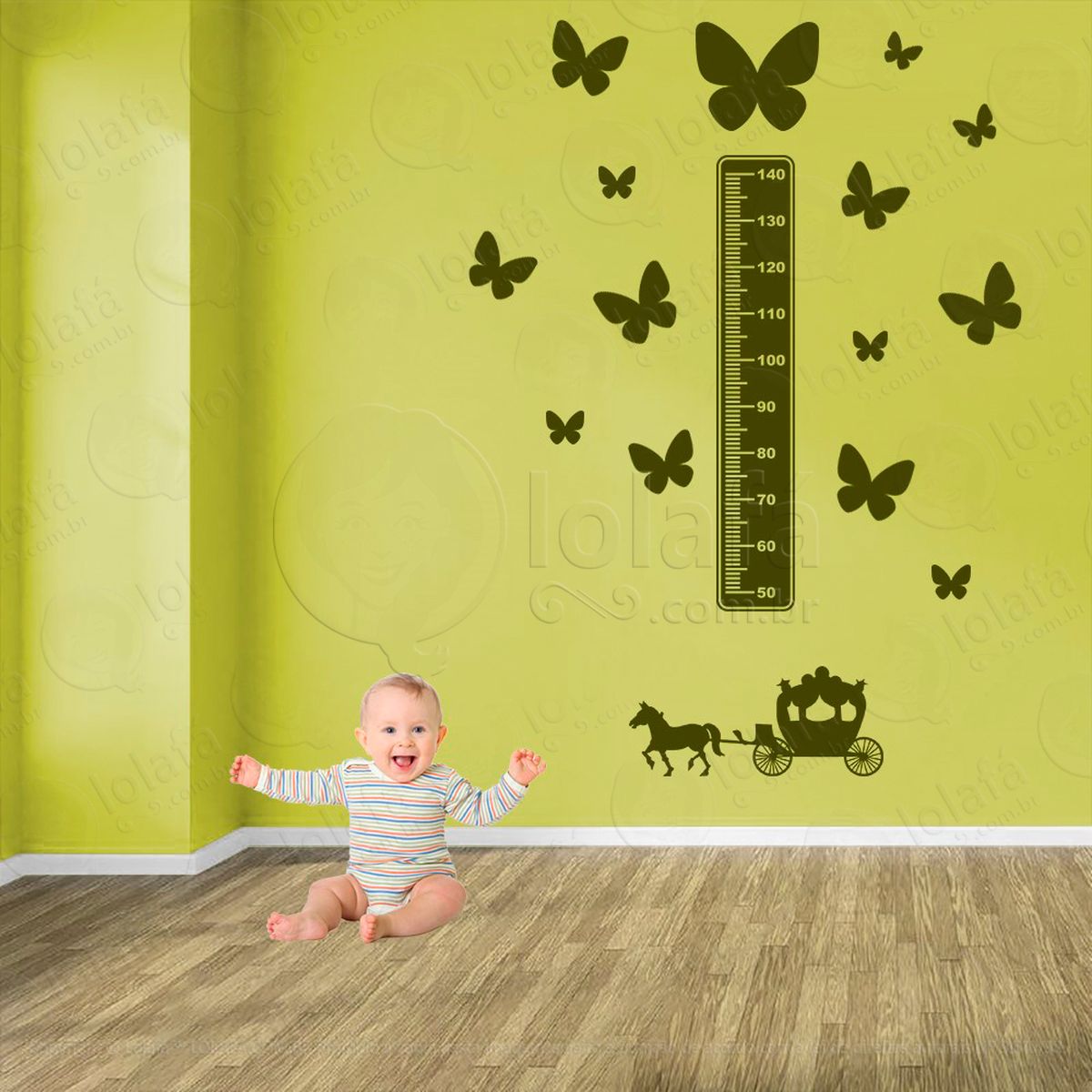 carruagem e borboletas adesivo régua de crescimento infantil, medidor de altura para quarto, porta e parede - mod:693