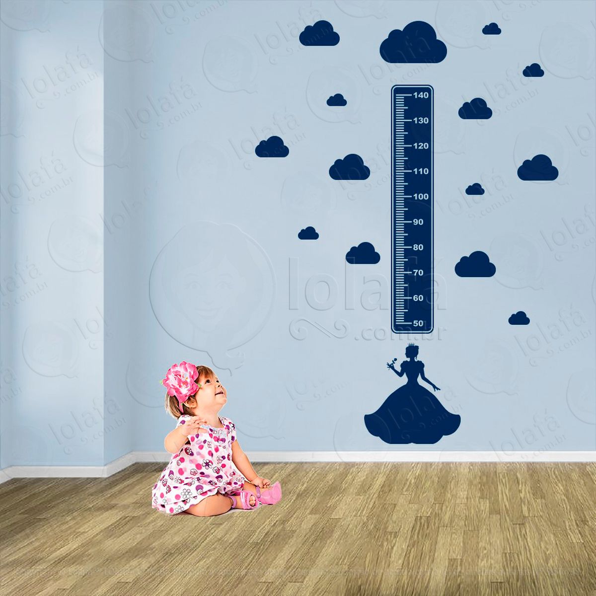 princesa e nuvens adesivo régua de crescimento infantil, medidor de altura para quarto, porta e parede - mod:695