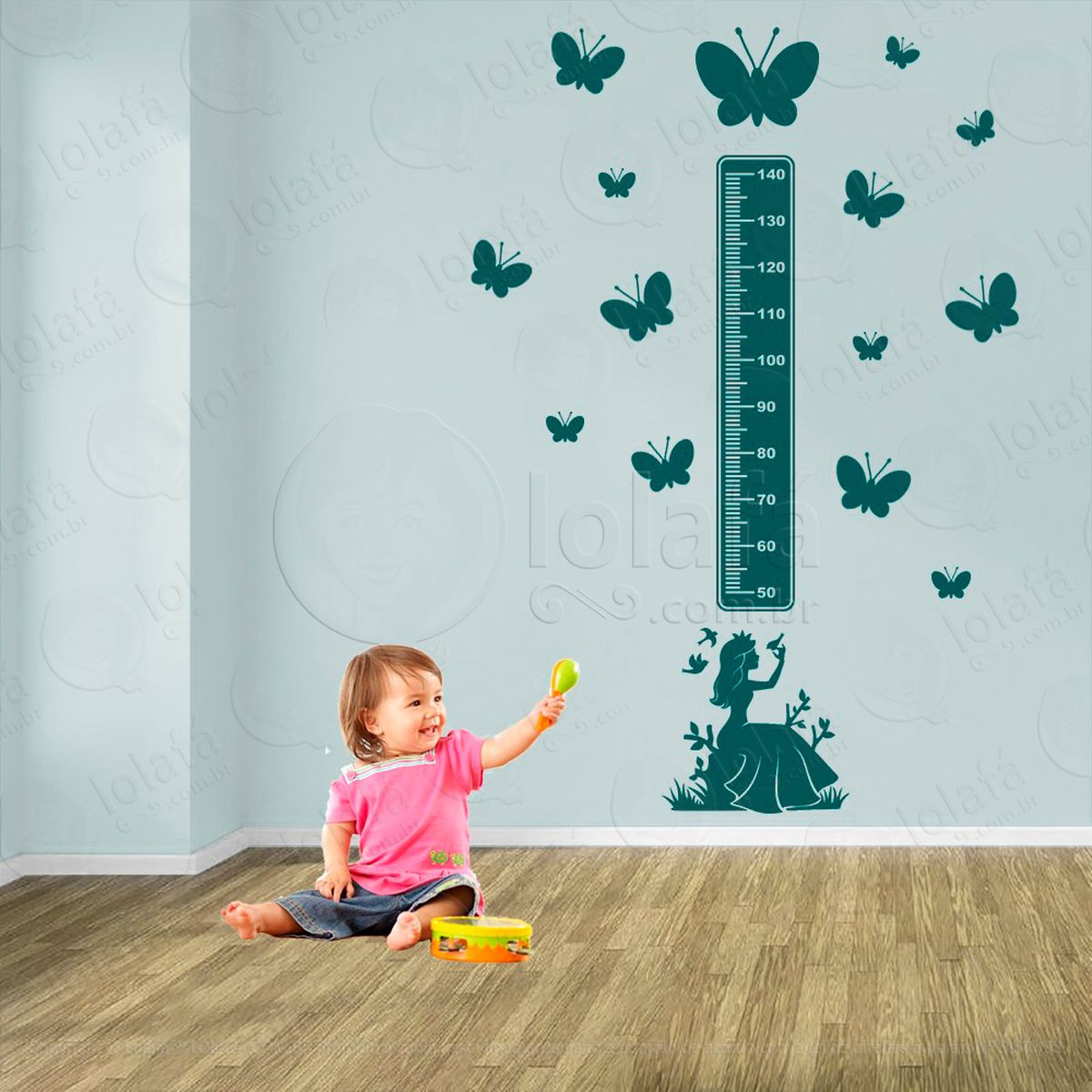 princesa e borboletas adesivo régua de crescimento infantil, medidor de altura para quarto, porta e parede - mod:696