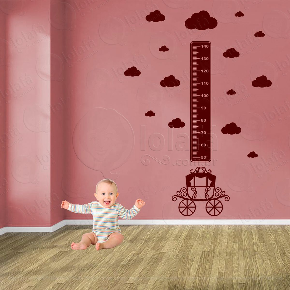 carruagem e nuvens adesivo régua de crescimento infantil, medidor de altura para quarto, porta e parede - mod:698