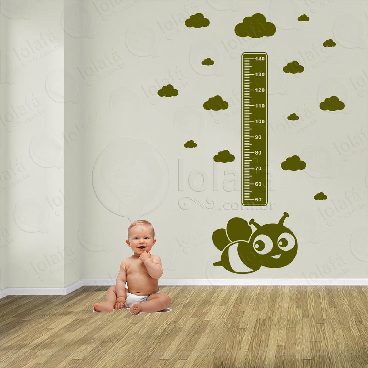 abelha e nuvens adesivo régua de crescimento infantil, medidor de altura para quarto, porta e parede - mod:751