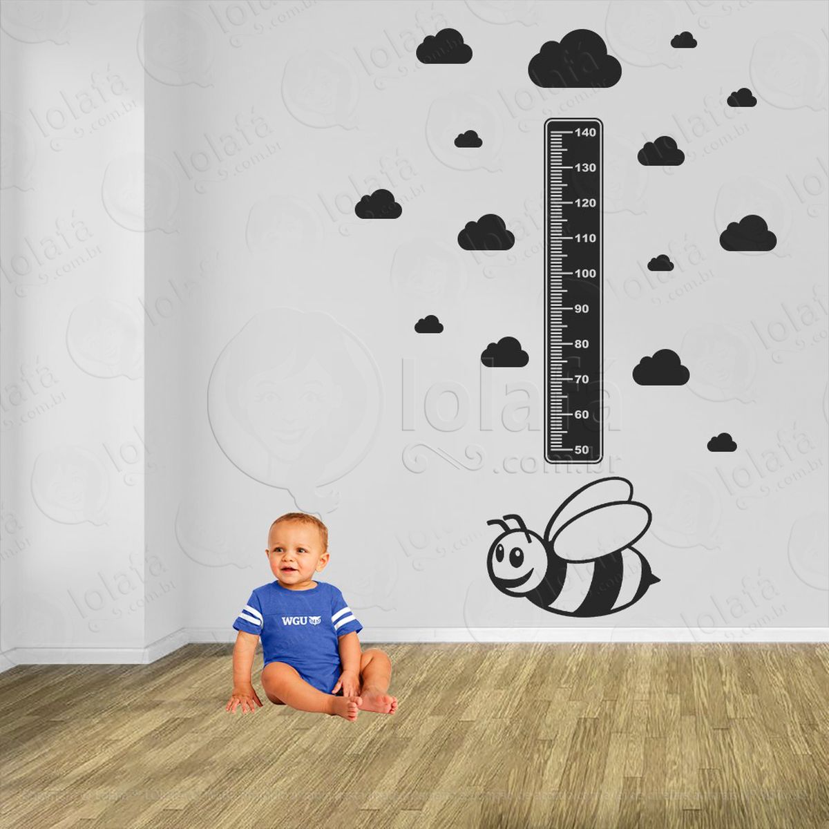 abelha e nuvens adesivo régua de crescimento infantil, medidor de altura para quarto, porta e parede - mod:754