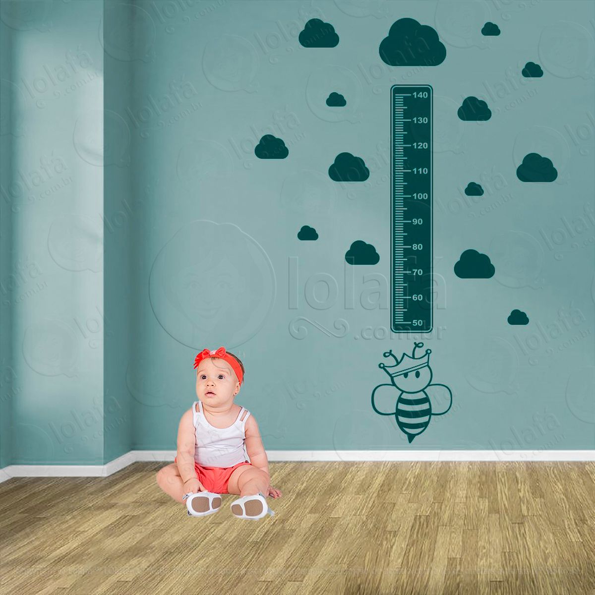 abelha e nuvens adesivo régua de crescimento infantil, medidor de altura para quarto, porta e parede - mod:757