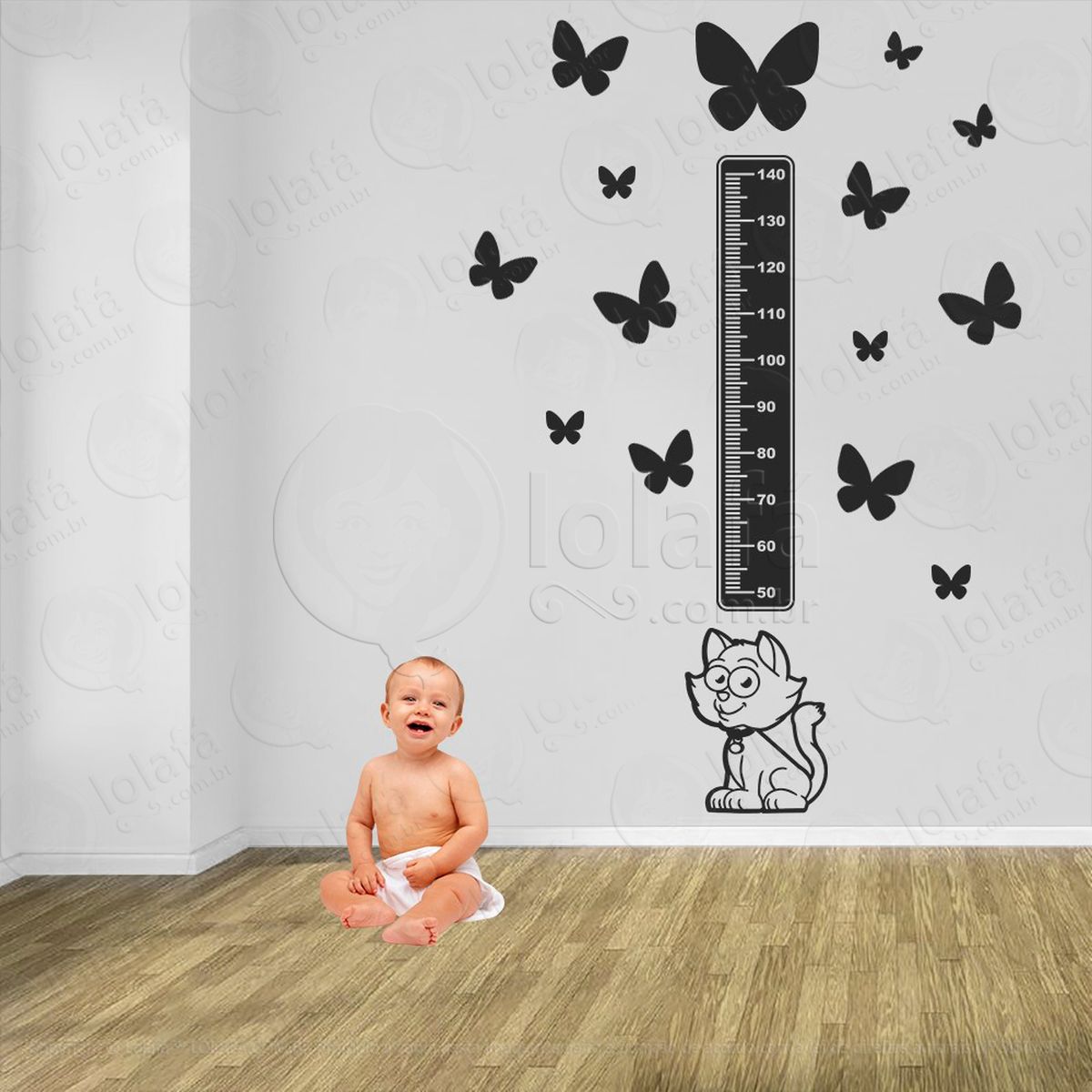 gato e borboletas adesivo régua de crescimento infantil, medidor de altura para quarto, porta e parede - mod:763