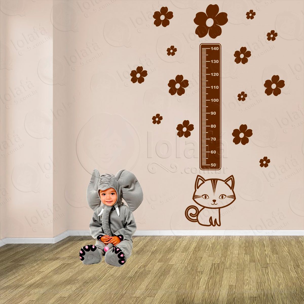 gato e flores adesivo régua de crescimento infantil, medidor de altura para quarto, porta e parede - mod:764
