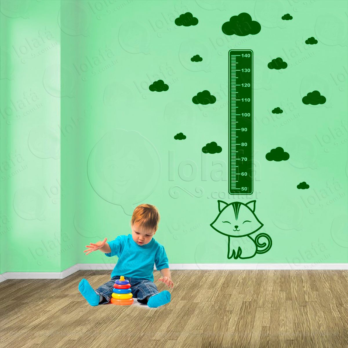 gato e nuvens adesivo régua de crescimento infantil, medidor de altura para quarto, porta e parede - mod:765