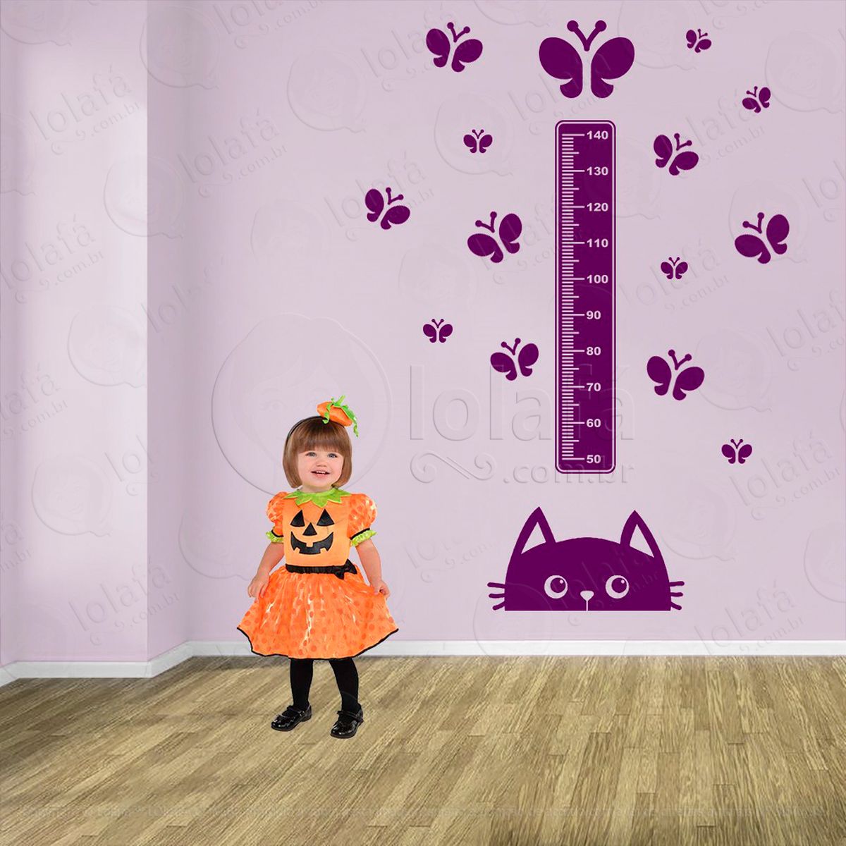 gato e borboletas adesivo régua de crescimento infantil, medidor de altura para quarto, porta e parede - mod:766