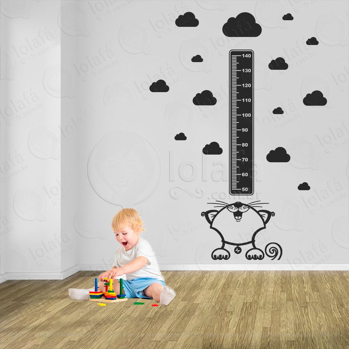 gato e nuvens adesivo régua de crescimento infantil, medidor de altura para quarto, porta e parede - mod:768