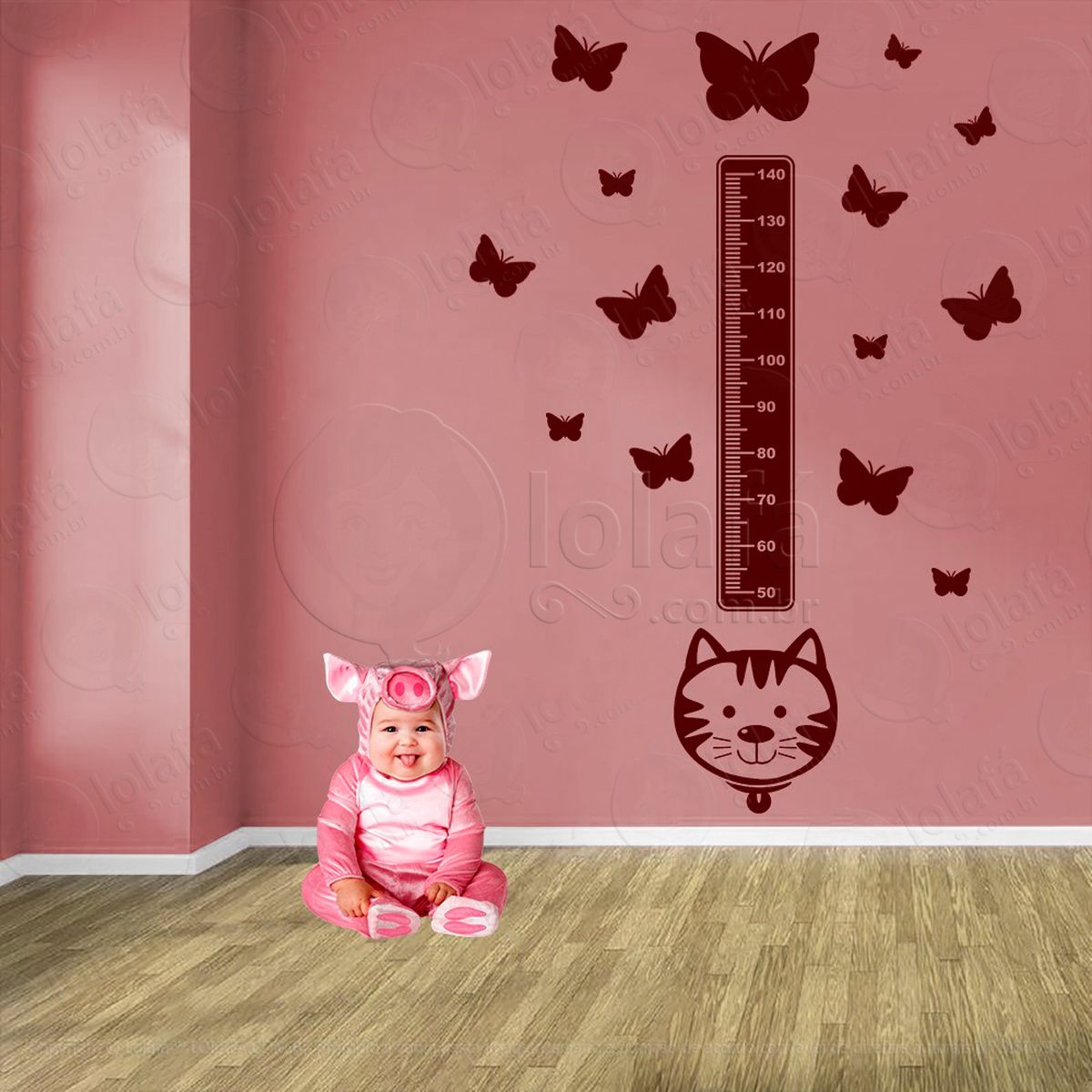 gato e borboletas adesivo régua de crescimento infantil, medidor de altura para quarto, porta e parede - mod:772