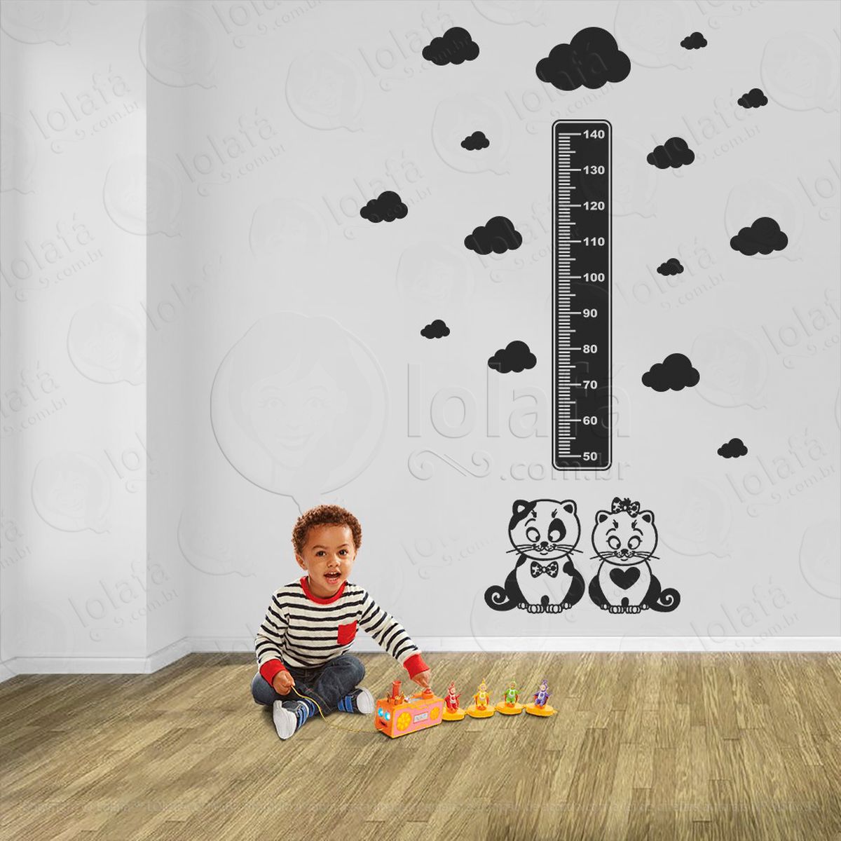 gato e nuvens adesivo régua de crescimento infantil, medidor de altura para quarto, porta e parede - mod:774