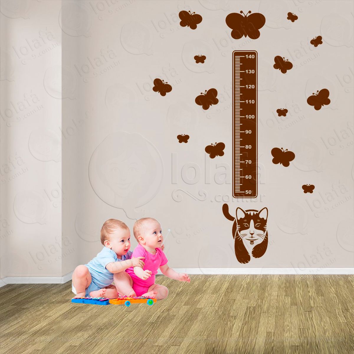 gato e borboletas adesivo régua de crescimento infantil, medidor de altura para quarto, porta e parede - mod:775