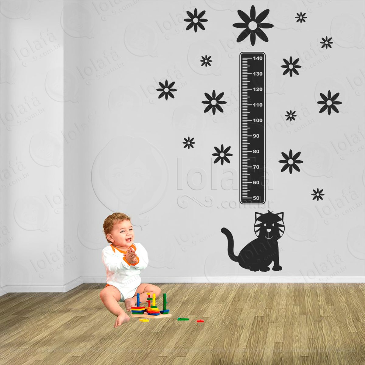 gato e flores adesivo régua de crescimento infantil, medidor de altura para quarto, porta e parede - mod:776