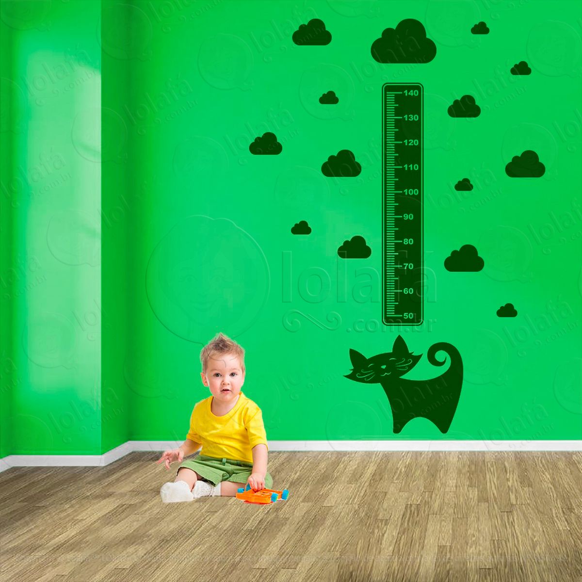 gato e nuvens adesivo régua de crescimento infantil, medidor de altura para quarto, porta e parede - mod:777