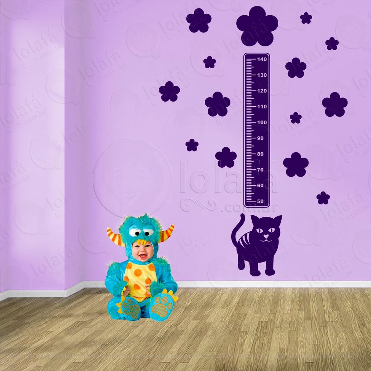 gato e flores adesivo régua de crescimento infantil, medidor de altura para quarto, porta e parede - mod:779