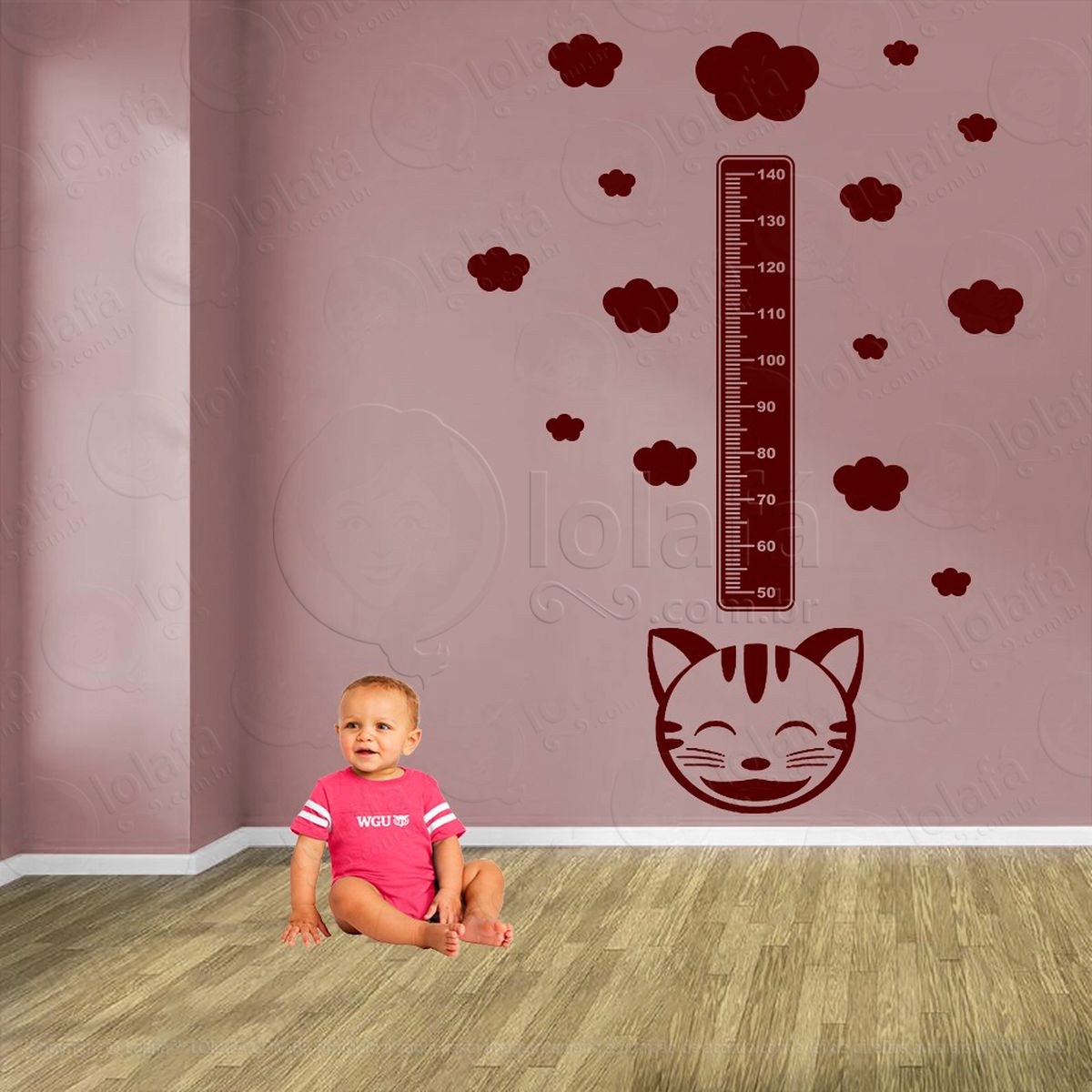 gato e nuvens adesivo régua de crescimento infantil, medidor de altura para quarto, porta e parede - mod:780