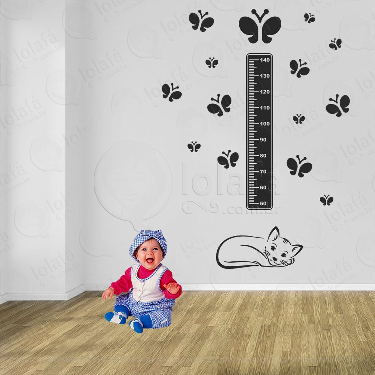 gato e borboletas adesivo régua de crescimento infantil, medidor de altura para quarto, porta e parede - mod:781