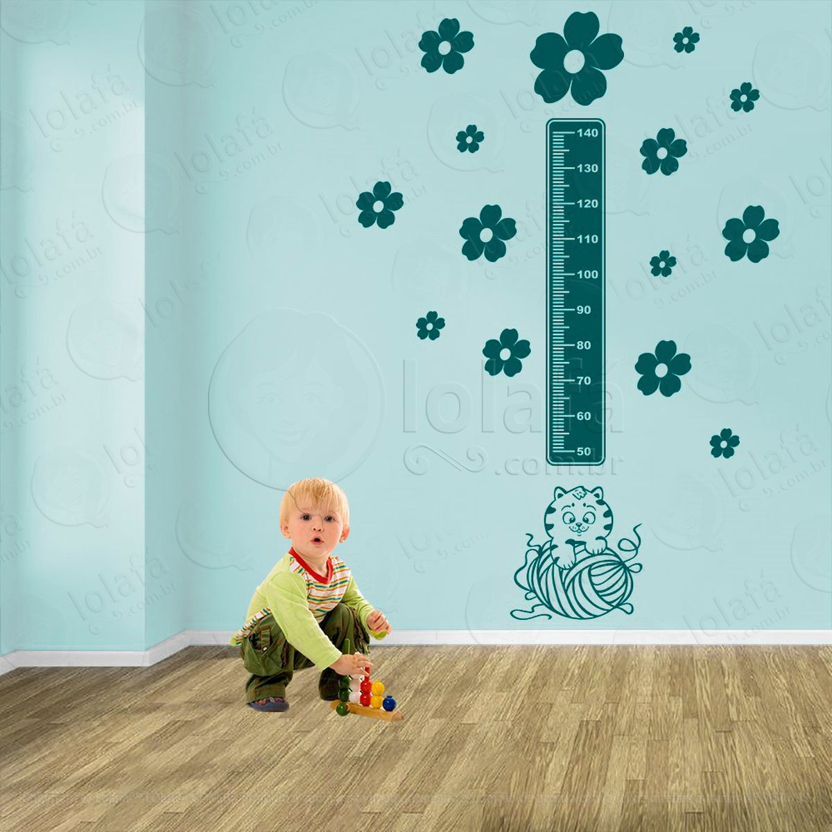 gato e flores adesivo régua de crescimento infantil, medidor de altura para quarto, porta e parede - mod:782