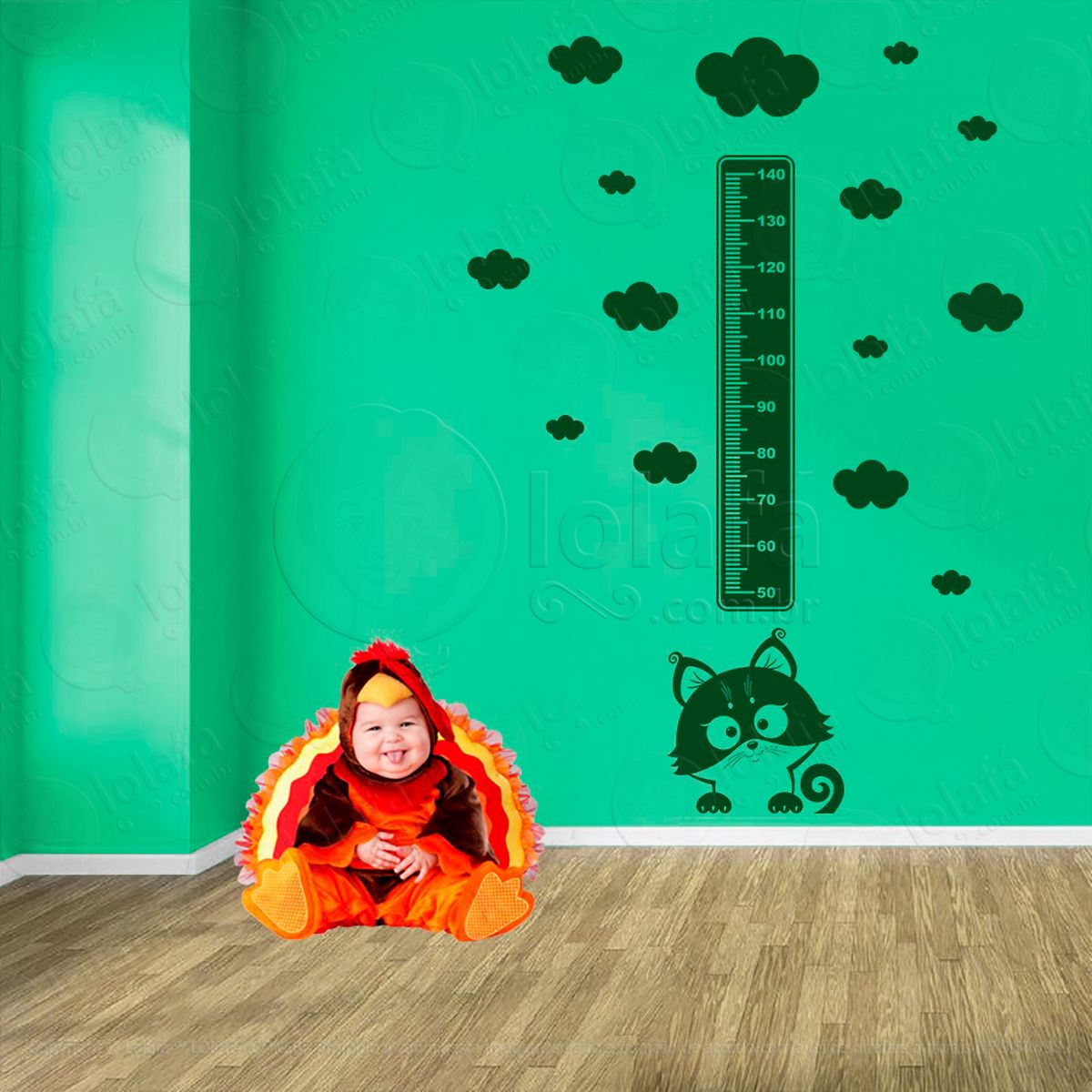gato e nuvens adesivo régua de crescimento infantil, medidor de altura para quarto, porta e parede - mod:783