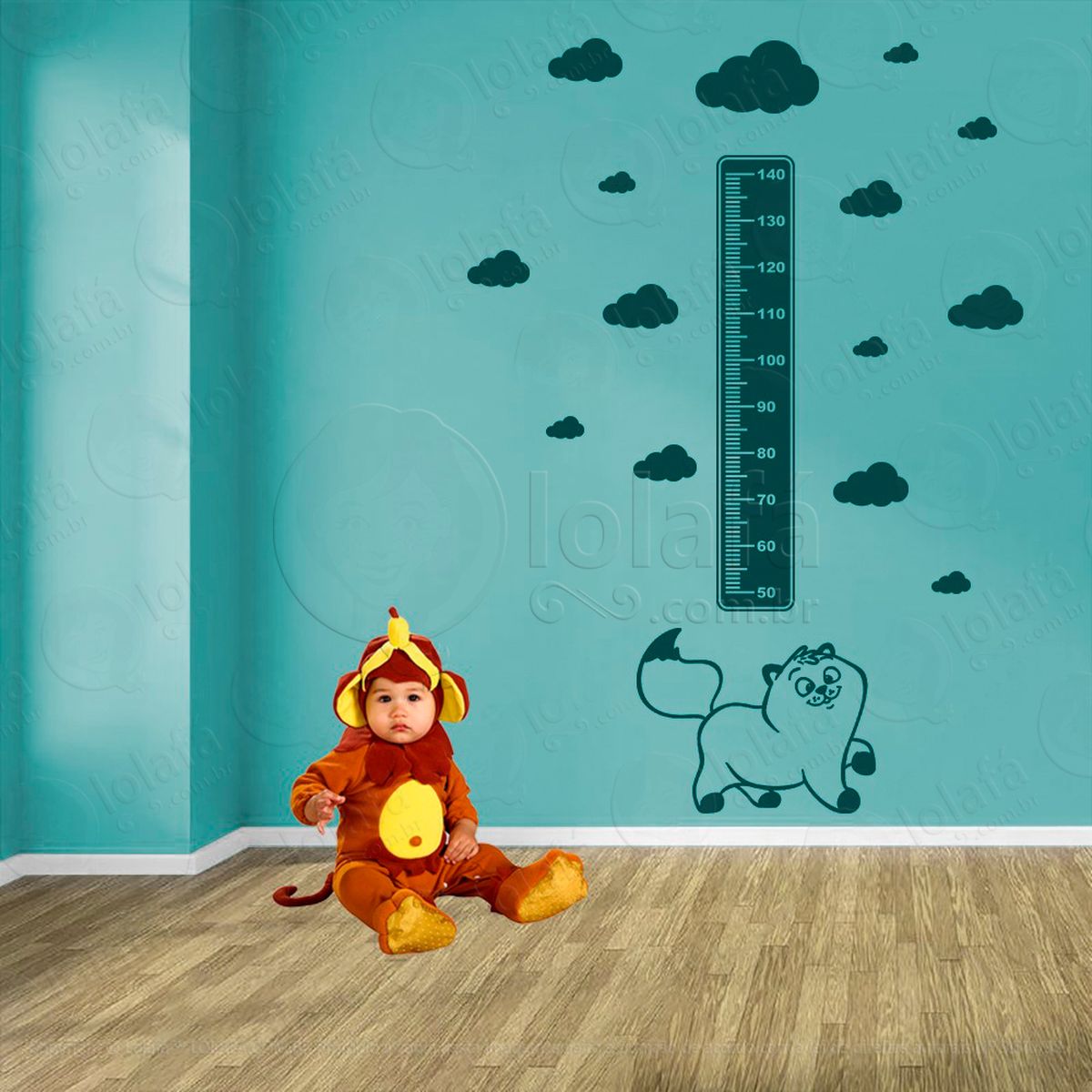 gato e nuvens adesivo régua de crescimento infantil, medidor de altura para quarto, porta e parede - mod:786