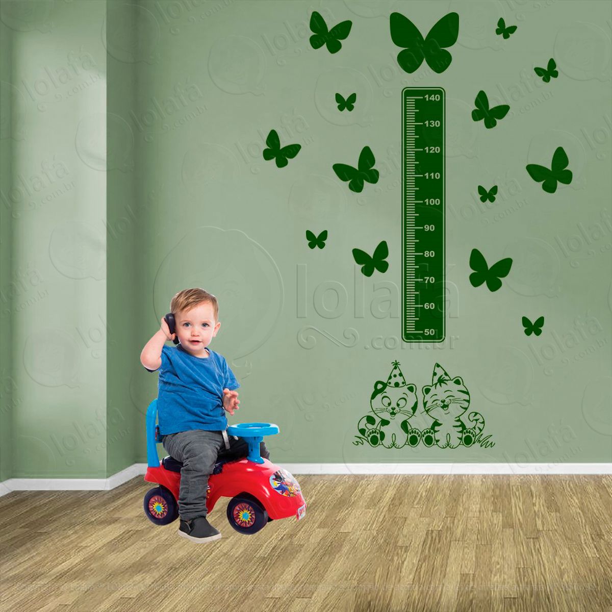 gato e borboletas adesivo régua de crescimento infantil, medidor de altura para quarto, porta e parede - mod:787