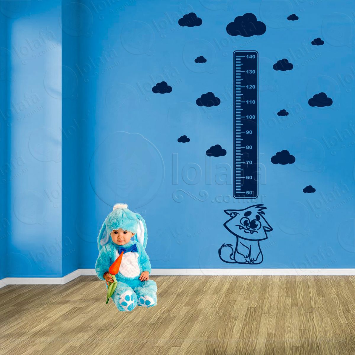 gato e nuvens adesivo régua de crescimento infantil, medidor de altura para quarto, porta e parede - mod:789
