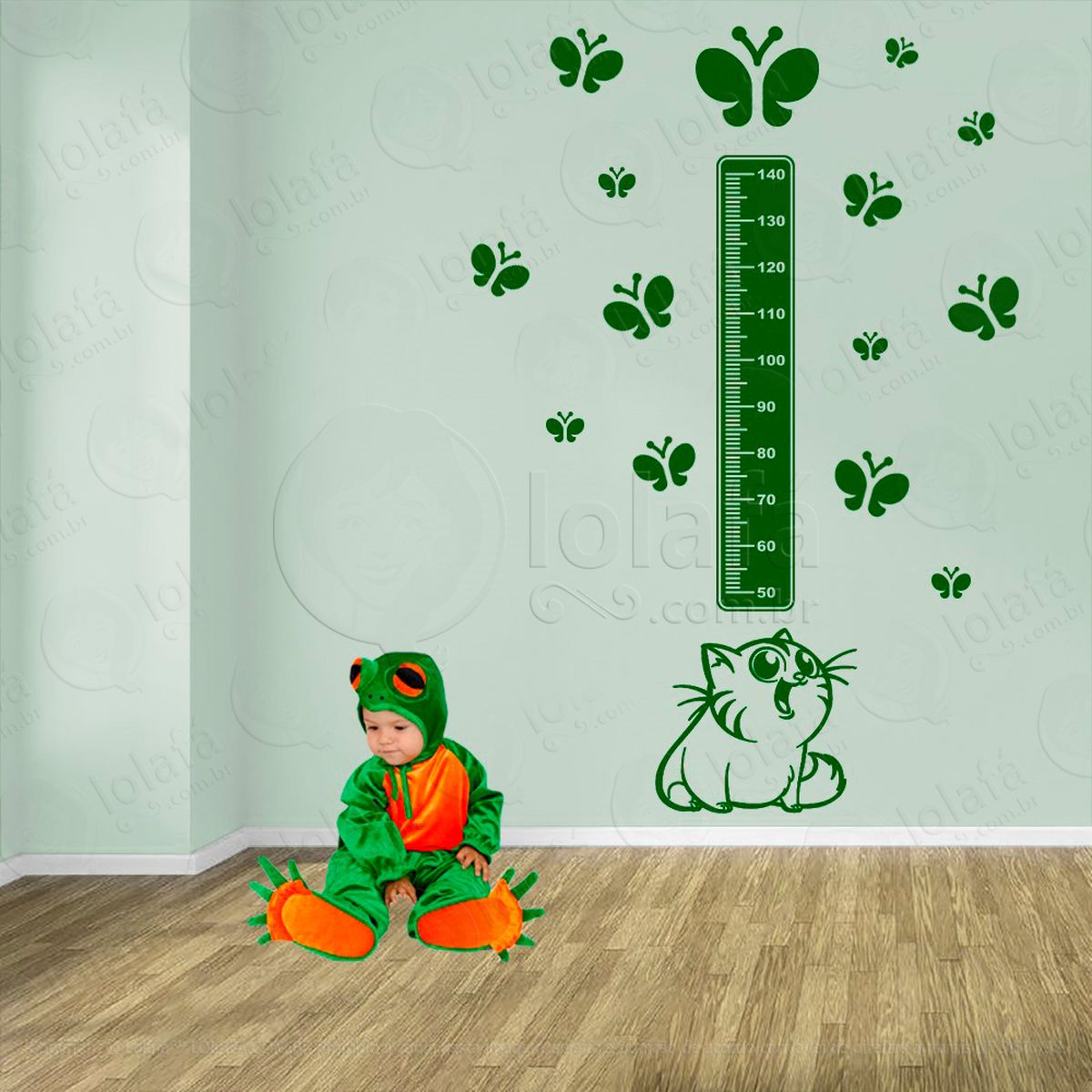 gato e borboletas adesivo régua de crescimento infantil, medidor de altura para quarto, porta e parede - mod:790