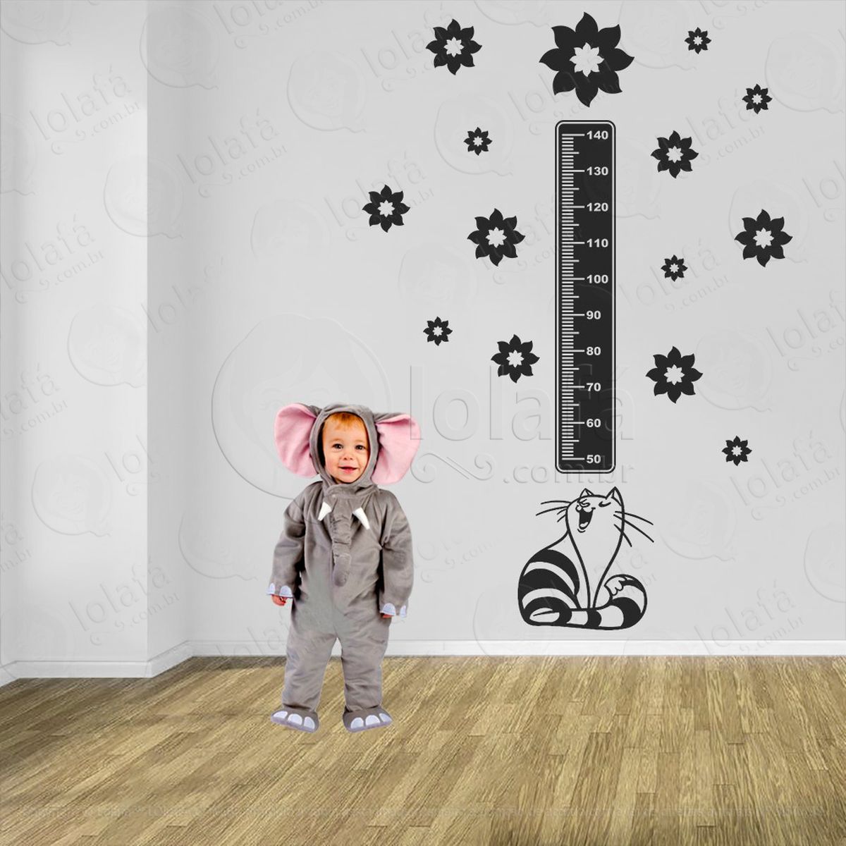 gato e flores adesivo régua de crescimento infantil, medidor de altura para quarto, porta e parede - mod:791