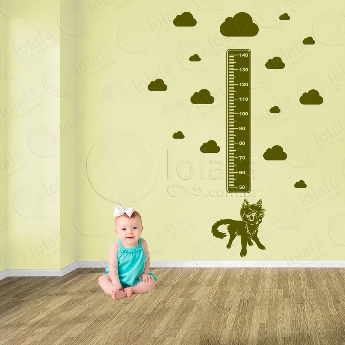 gato e nuvens adesivo régua de crescimento infantil, medidor de altura para quarto, porta e parede - mod:792