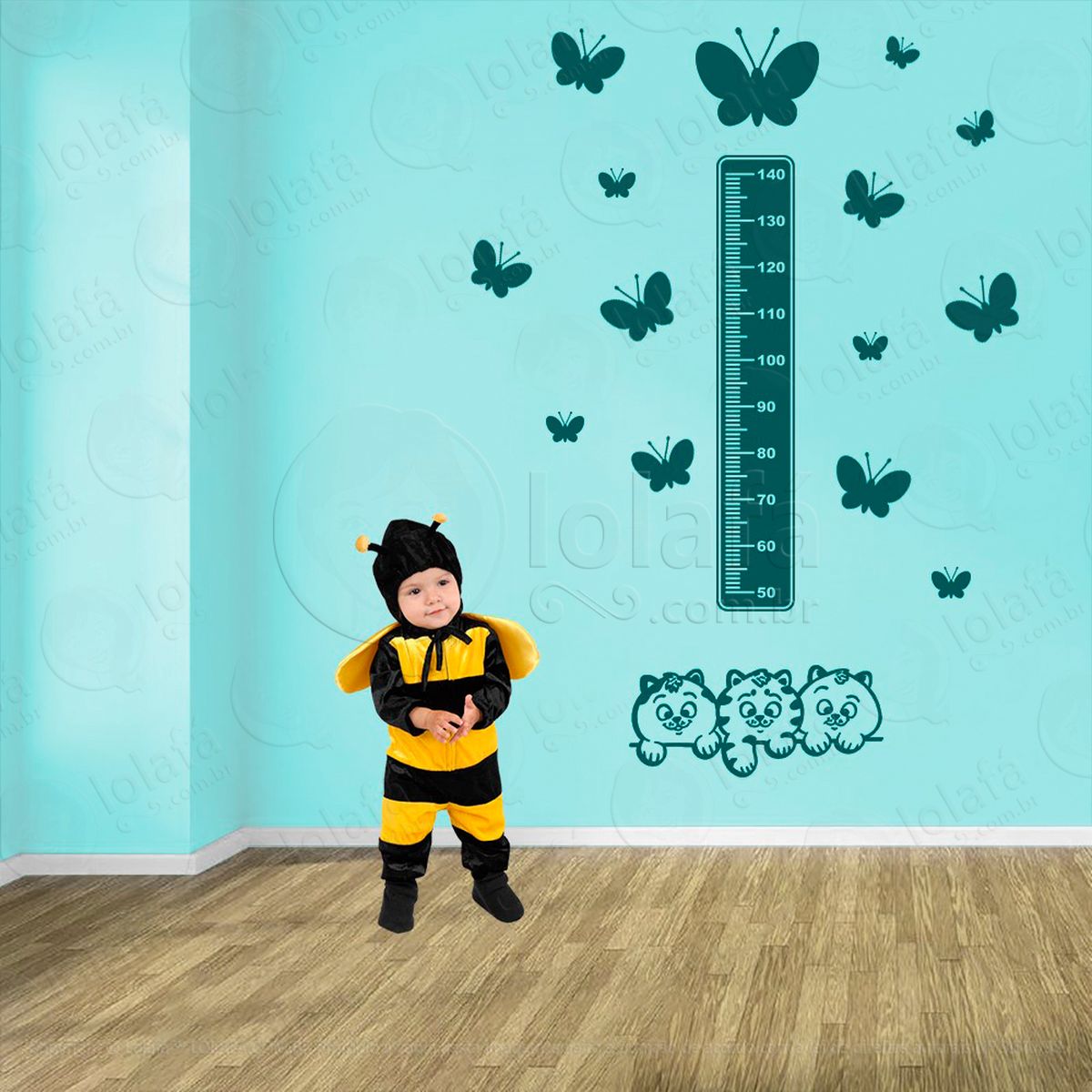 gato e borboletas adesivo régua de crescimento infantil, medidor de altura para quarto, porta e parede - mod:793