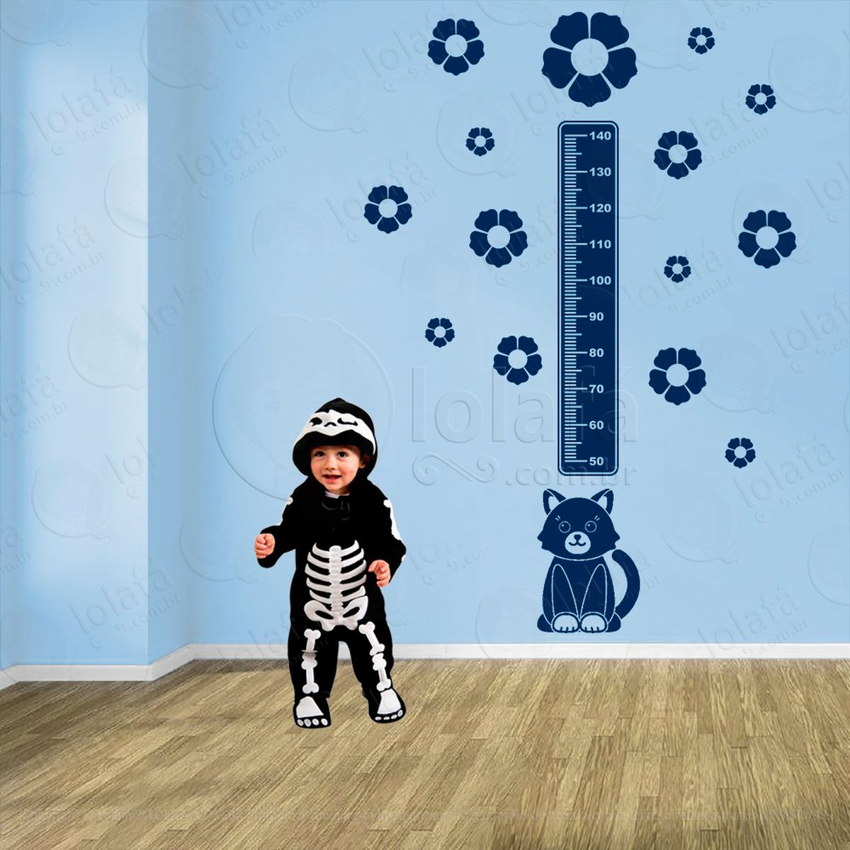 gato e flores adesivo régua de crescimento infantil, medidor de altura para quarto, porta e parede - mod:794